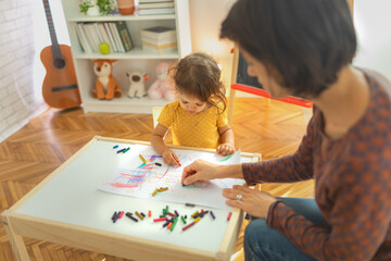 Mother and daughter sitting on the table and drawing. Learning with kids concept.