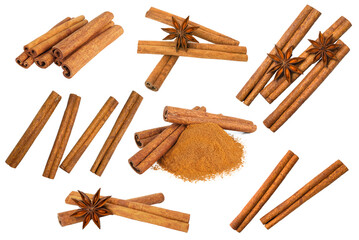 Cinnamon stick and star anise spice isolated on white background closeup transparent png. Set of...