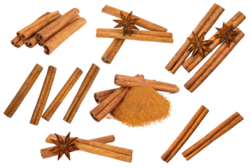 Fotobehang Cinnamon stick and star anise spice isolated on white background closeup transparent png. Set of cinnamon.  © Phuangphet