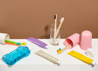 Biodegradable toothbrushes, several tubes of toothpaste refresher, mouthwash. Set for dental...