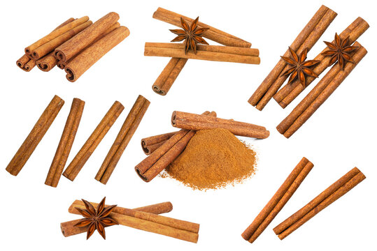 Cinnamon stick and star anise spice isolated on white background closeup transparent png. Set of cinnamon. 