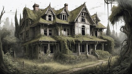  abandoned horror house, overgrown garden filled with twisted, thorny plants