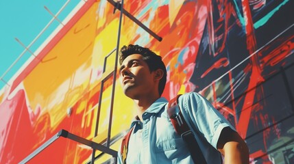 Asian male civil engineer side view, pop art, graffiti pop culture