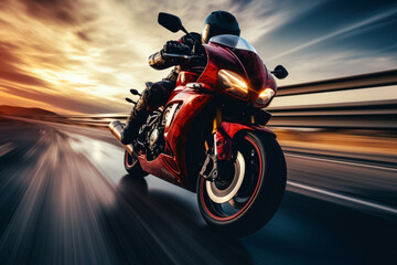 red motorbike rider at high speed along the highway,   3d rendering, AI generative  