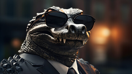 crocodile wearing black sunglasses and a black suit with a black tie and white shirt - obrazy, fototapety, plakaty