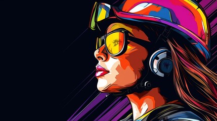 Naklejka premium Female engineer reads digital blueprints near construction site vector in illustration, wearing hard plastic helmet, psychedelic colors, in pop art style