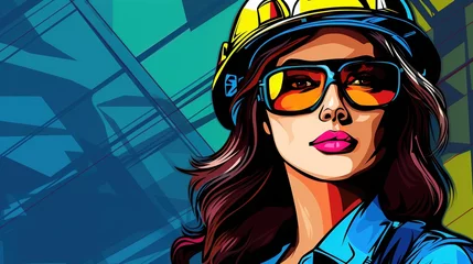  Female engineer reads digital blueprints near construction site vector in illustration, wearing hard plastic helmet, psychedelic colors, in pop art style © Phoophinyo