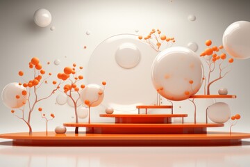 An elegant orange podium on white stage with abstract background composed of floating spheres, Generative AI