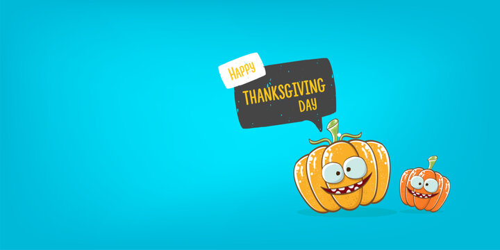 Funny Thanksgiving day horizontal banner with vector funny cartoon cute smiling friends pumpkins isolated on cyan background. Thanksgiving day cute banner and label design template with pumpkins