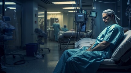 exhausted surgeon is sitting on the bed after a long surgery