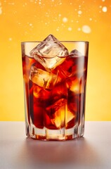 Glass of cola with ice cubes on yellow background.
