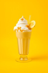 Banana milk cocktail with whipped cream on yellow background.