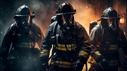 fire crew wearing fireproof suits and gas masks