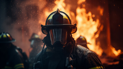 a firefighter in wearing a fireproof costume and a gas mask in the middle of a fire