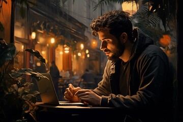 Obraz na płótnie Canvas Digital Nomad Working in Cafe Created with Generative AI