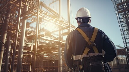 Fototapeta premium Engineers wear high-end telecom inspection safety equipment to maintain 5G networks.