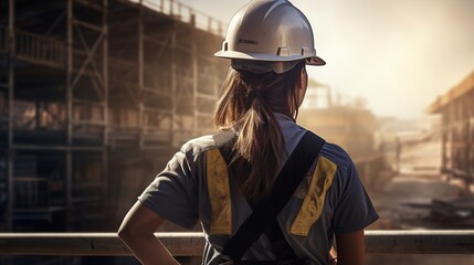 A young female worker stand back. A young female worker wearing a protective helmet and safety gear on a construction site - obrazy, fototapety, plakaty