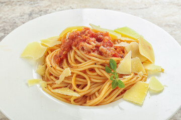 Italian pasta Spaghetti bolognese with parmesan