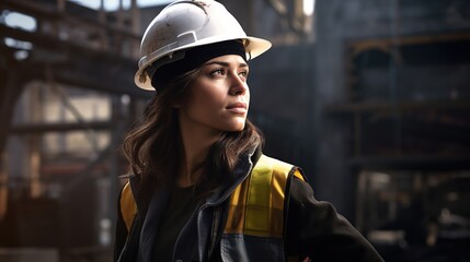 A young female worker stand back. A young female worker wearing a protective helmet and safety gear on a construction site