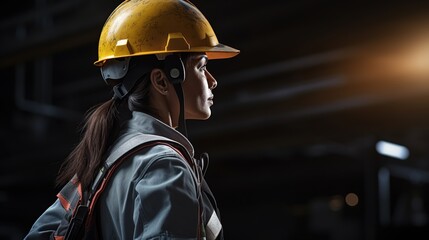 Obraz premium A young female worker stand back. A young female worker wearing a protective helmet and safety gear on a construction site
