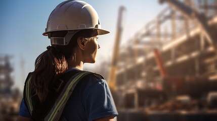 Obraz premium A young female worker stand back. A young female worker wearing a protective helmet and safety gear on a construction site
