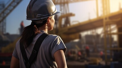 A young female worker stand back. A young female worker wearing a protective helmet and safety gear on a construction site - obrazy, fototapety, plakaty