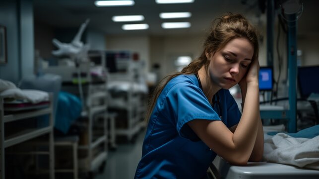 exhausted Caucasian nurse after the long shift is sleeping