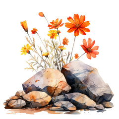 watercolor orange flowers emerging from rocks
