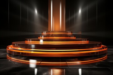 Elegant, illuminated orange podium set against dark, mysterious abstract background with soft glows...