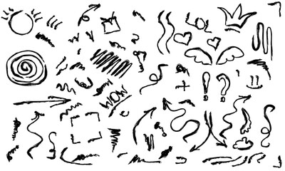 A set of hand-drawn marker elements, doodle marker elements, arrows, circles, sticks, hearts, frames, borders for highlighting text.