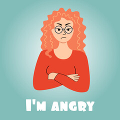Vector illustration of a girl feeling angry on a blue background. Concept image of angry emotions, mental health, understanding, psychology, feelings