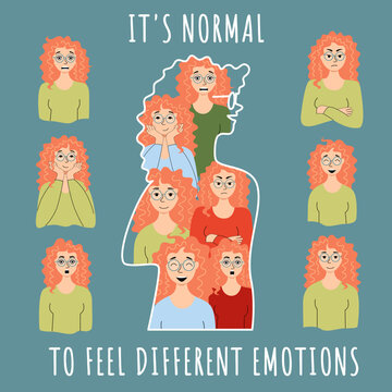 Vector illustration of a girl's profile, consisting of images of different emotions of a girl. Concept illustration of mental health, emotions, understanding, psychology, feelings