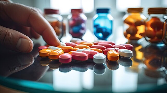 Focus on the image of the doctor's hand. There was colored medicine on the tray dispensed by an antiviral pharmacist