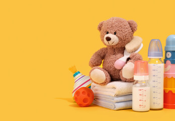 Play time and compositions of children's toys. Set of kid toys. Baby care and copy space for text.