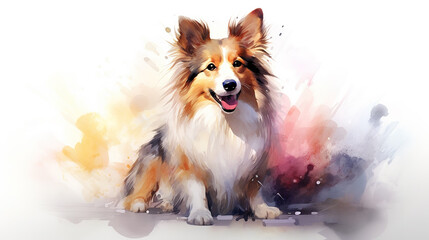 Adorable shetland sheepdog dog in watercolor illustration minimal style.