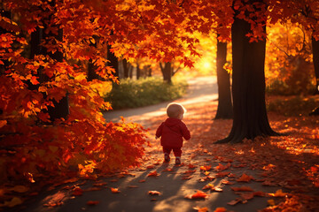 色とりどりに紅葉した木の下を歩く小さな子供