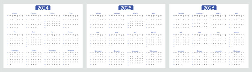 2024 2025 2026 years calendar. The week starts on Sunday. Desk planner template with 12 months. Yearly stationery diary. Vector illustration - 661431788