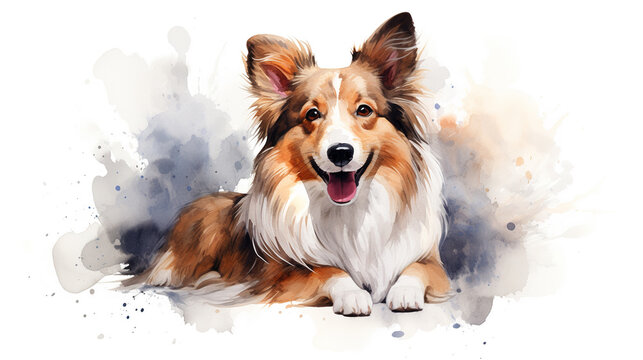Adorable shetland sheepdog dog in watercolor illustration minimal style.