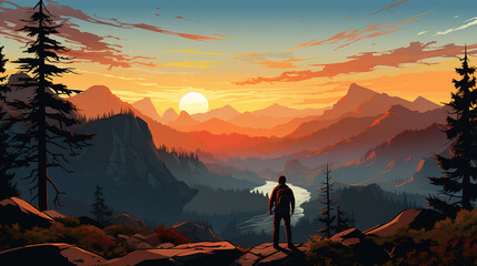 Scenic view of Yosemite national park during sunrise or sunset with a silhouette of trekker or tourist or man, in landscape comic style. 