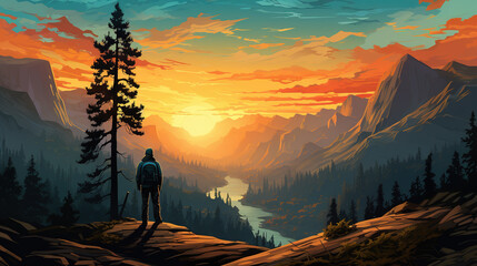 Fototapeta premium Scenic view of Yosemite national park during sunrise or sunset with a silhouette of trekker or tourist or man, in landscape comic style. 