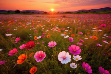 Obraz premium Colorful cosmos flowers blooming at golden hour , panoramic landscape