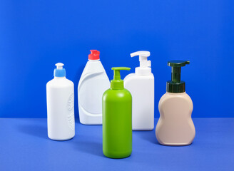 Composition with various detergents for dishes. Washing dishes and household routine.
