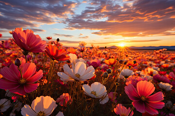 meadow with cosmos flowers in sunrise mountains background 