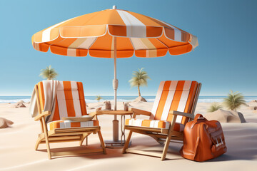 A beach umbrella with a beach chair, a cooler, and a beach bag filled with sunscreen and sunblock, Generative AI 