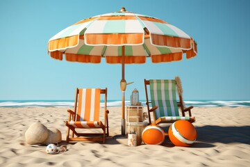 A beach umbrella with a beach volleyball net, beach balls, and competitive beach sports equipment,...