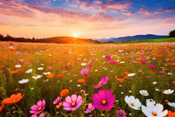 Fototapeta na wymiar Panoramic meadow with Garden cosmos flowers in sunrise mountains background 