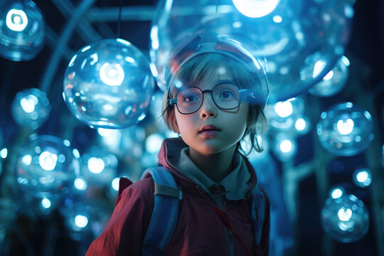 A curious child peeks through their glasses and protective helmet, their face illuminated by a beam of light as they chase after a playful bubble