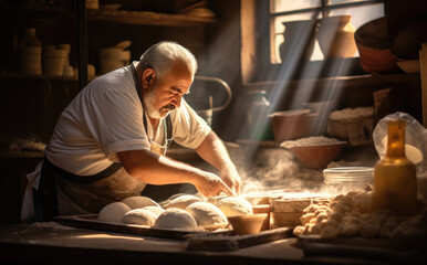 Man works in the kitchen with dough