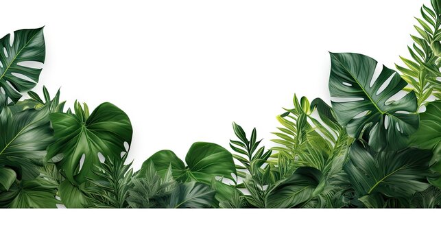 green leaves of the bush monster palm Rubber factory. Pine trees. Bird's nest ferns. Indoor flower arrangements. Nature park. Isolated background on white background.