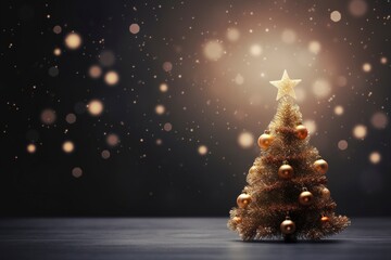 Christmas tree with bookeh background and copy space, dark background, generative ai